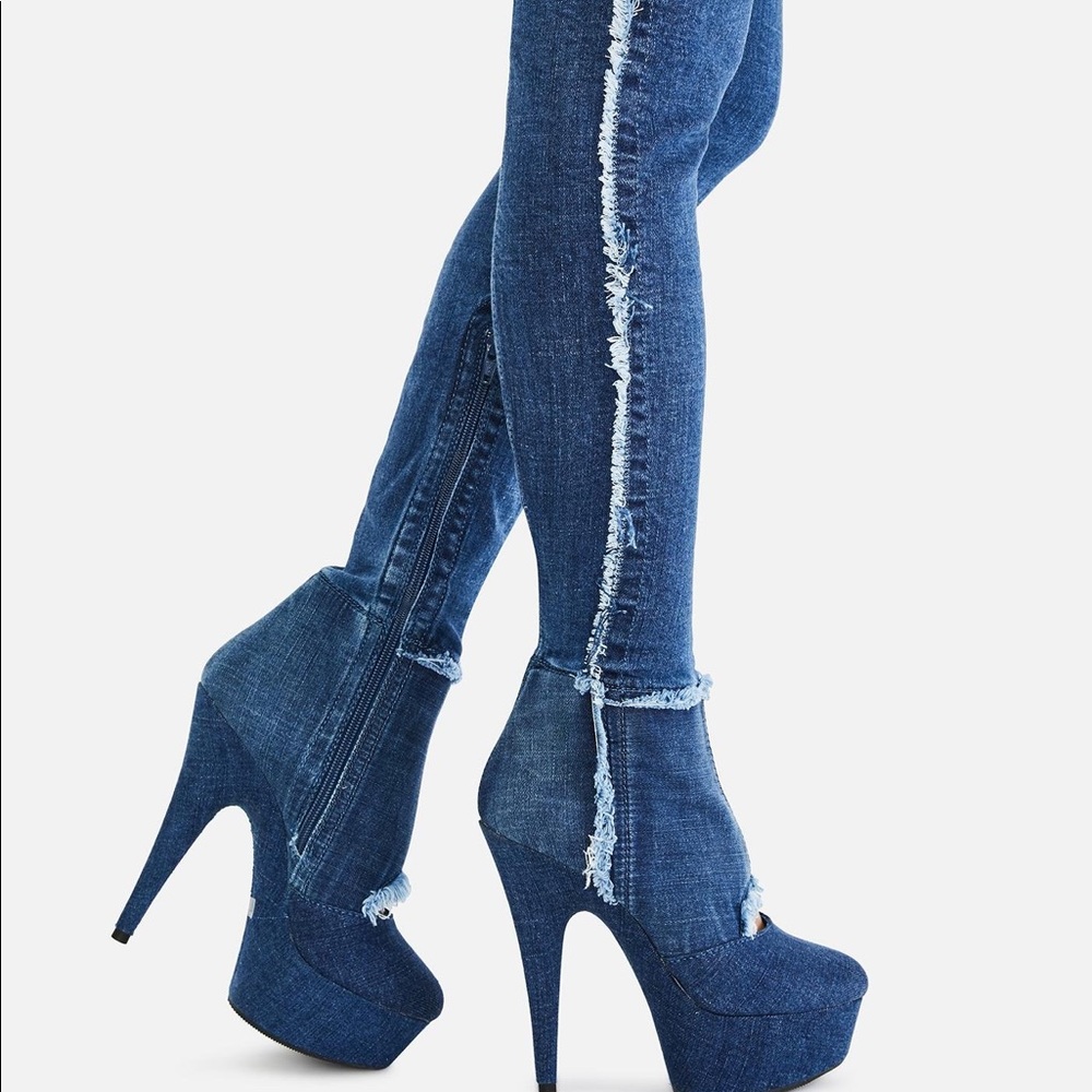 Dolls Kill denim thigh high boots